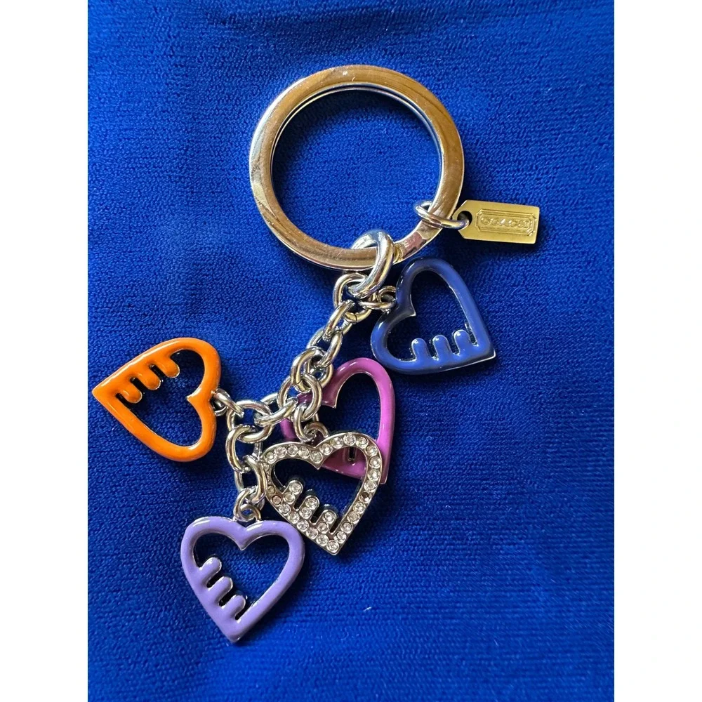 Coach Multi Color Enamel Heart Charm Keychain Silver Tone Rhinestone Key Ring